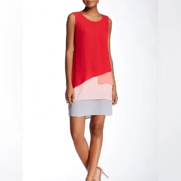BCBG Poppy Red Layered Chiffon Mini Shift Dress - Picture 2 of 8